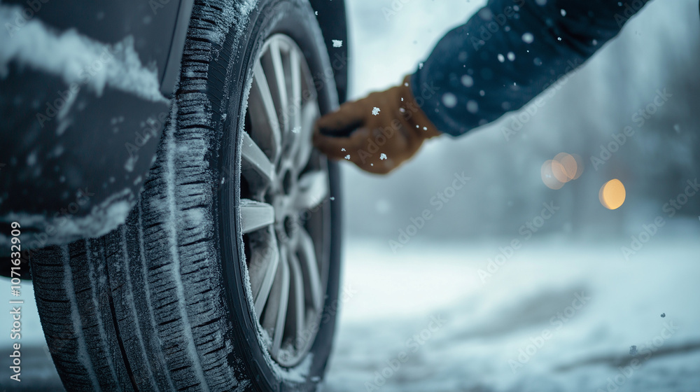Winter car maintenance with gloved hand checking tire pressure on a snowy road, symbolizing safety, preparation, and winter travel readiness