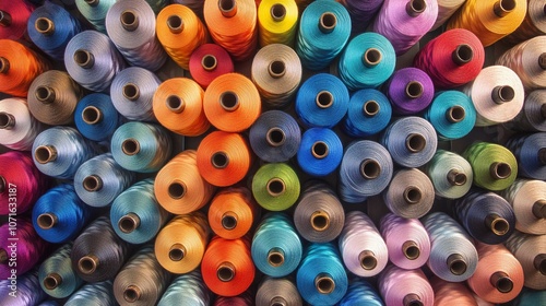 Colorful Spools of Thread Arranged in a Beautiful Rainbow Display for Crafts, Sewing, and Textile Enthusiasts in a Vibrant and Organized Pattern