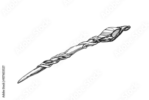 Vector hand-drawn illustration of magic wand with crystal isolated on white. Sketch of mage's equipment.