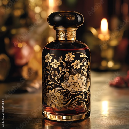 A warm, musky essence with a smoky finish, captured in a rich, gold-adorned, floral-patterned bottle. photo