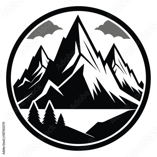 Mountain silhouette, vector icon. Rocky peaks. Mountains ranges. Black and white mountain vector icon