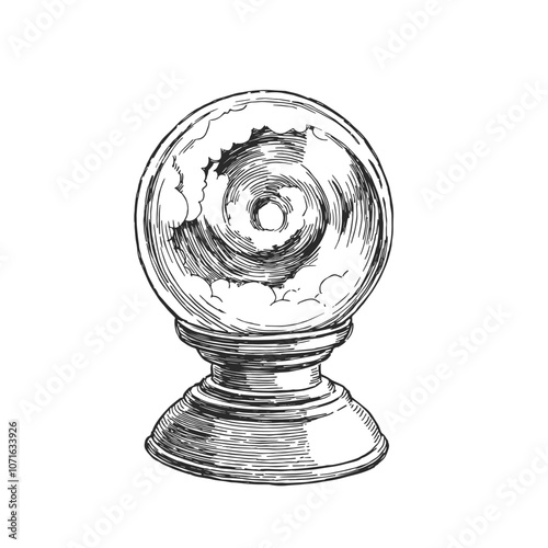 Vector hand-drawn illustration of magic ball isolated on white. Black and white sketch of witch equipment.