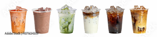 Set of asian cafe cold drink in transparent to go cup isolated on white background. Asian style Thai Summer cold drinks togo Thai iced tea, match latte, ice chocolate, ice coffee latte, Ice Americano. photo