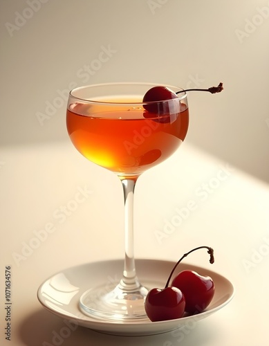 A cocktail with a cherry garnish rests on a white plate.