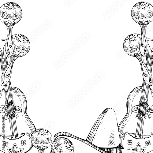 Mexican symbols sombrero hat, guitar maracas mariachi musical instruments, floral ornament. Hand drawn ink vector isolated illustration border frame. Design travel, vacation, folk concert brochure