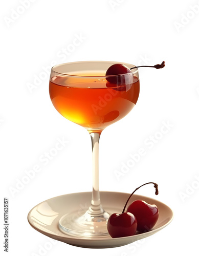 A cocktail with a cherry garnish rests on a white plate.