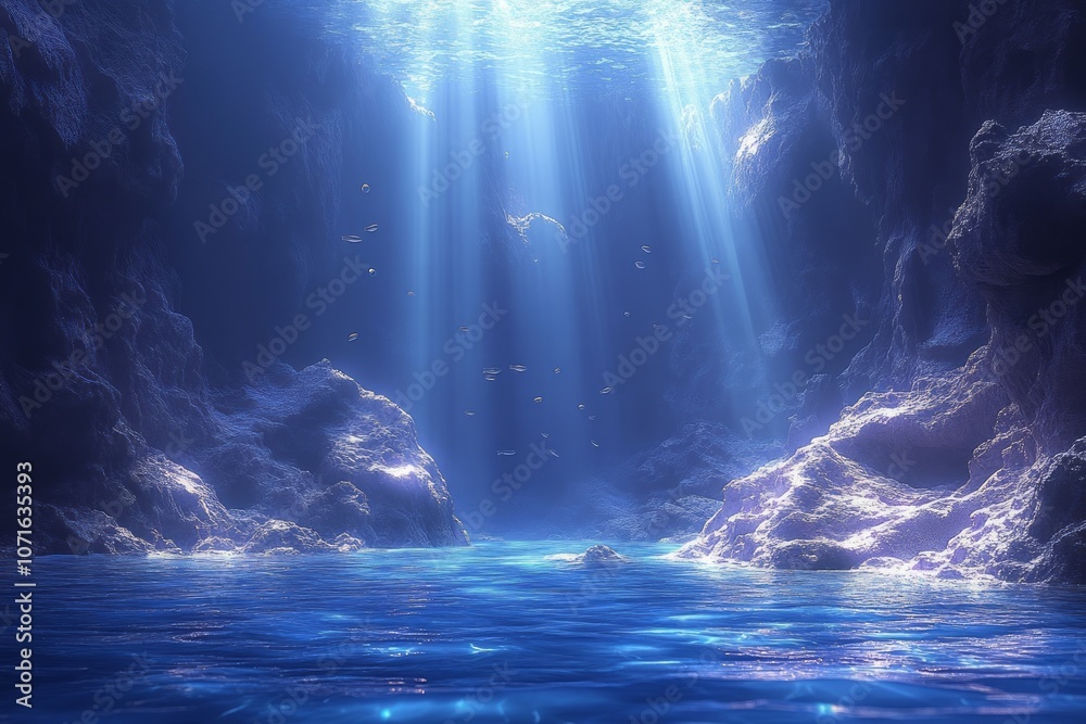 Obraz premium A blue ocean with a rocky shoreline and sunlight shining through the water