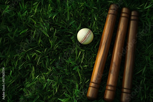 cricket set bat ball stumps and bails on green grass pitch background