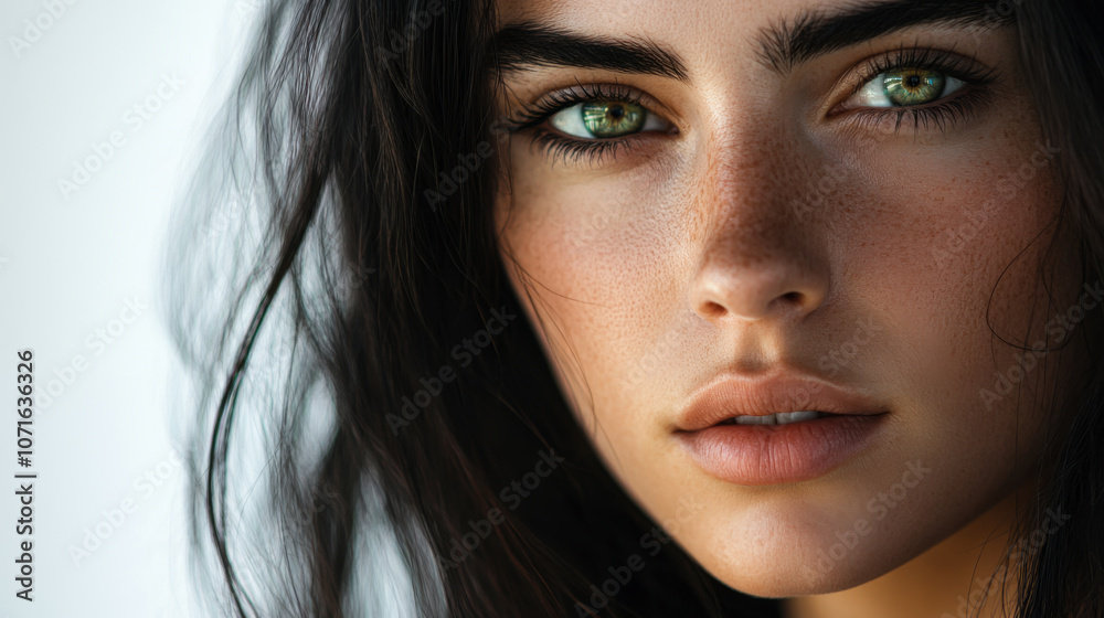 Fototapeta premium A close-up portrait of a woman with striking green eyes and wispy black hair illuminated by soft natural light