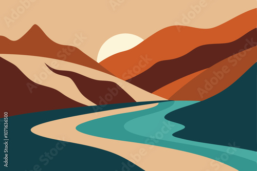 Mountain River. Abstract landscape, minimalism. Trending earth colors. Save and preserve the nature. Concept of travel