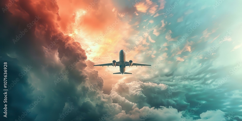 Naklejka premium Airplane Soaring Through Dramatic Sunset Clouds