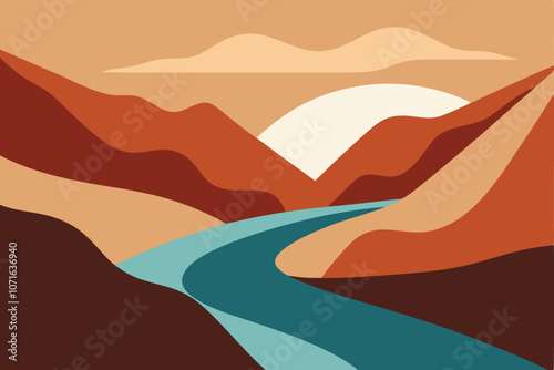 Mountain River. Abstract landscape, minimalism. Trending earth colors. Save and preserve the nature. Concept of travel