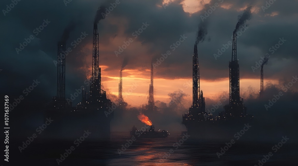 Φωτογραφία Silhouetted industrial towers release plumes of smoke against a dramatic sunset backdrop, casting an eerie glow over the misty water