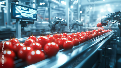 Red apples on a high-tech conveyor belt inspected by robotic arms in a modern factory processing quality control. Modern agricultural processing
 photo