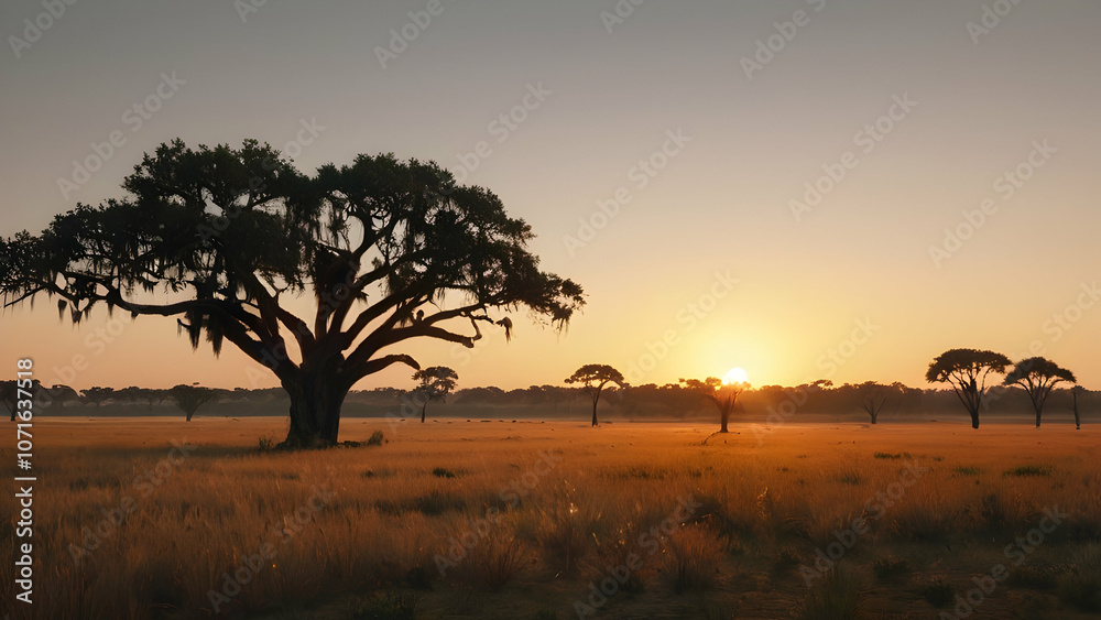 Obraz premium Sunset at savannah plains, Sunset Over Savannah with Lone Leafless Tree and Golden Light