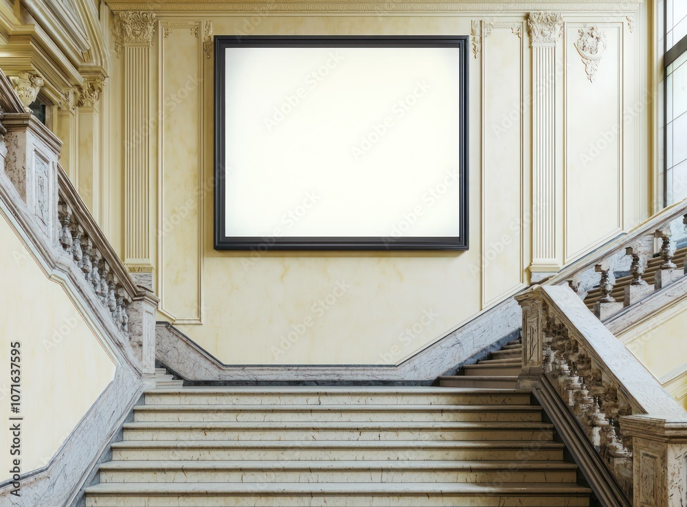 Fototapeta premium High-end subway advertising space on a cream wall with decorative marble stairs.