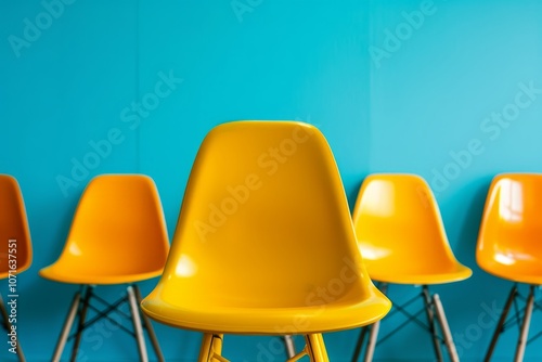 A standout yellow chair in a crowd of chairs, vivid blue background, soft lighting