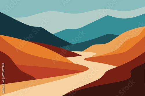 Mountain River. Abstract landscape, minimalism. Trending earth colors. Save and preserve the nature. Concept of travel