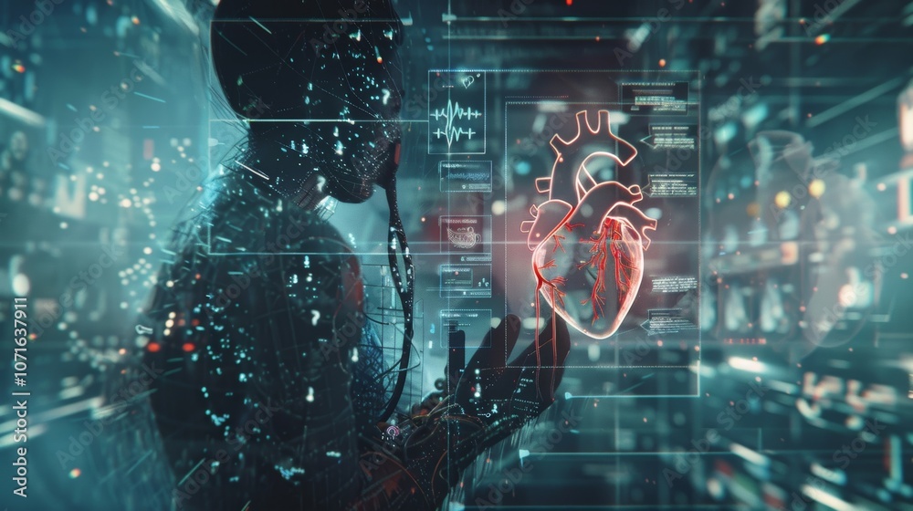 Obraz premium Person cradles a red heart connected to wires, monitored by a computer showing blue, red, green, and black colors, blending humanity with technology