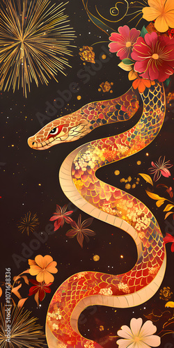 Gorgeous and luxurious Chinese Year of the Snake hand-painted artwork, illustration, wallpaper, commercial poster, poster, background, Chinese New Year, snake, year of the snake, 2025, zodiac，gold photo