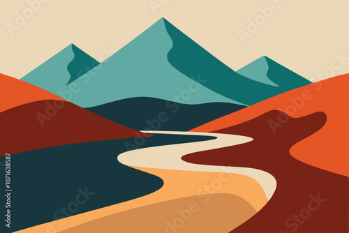 Mountain River. Abstract landscape, minimalism. Trending earth colors. Save and preserve the nature. Concept of travel