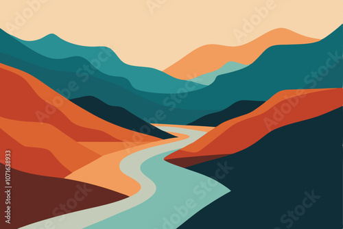 Mountain River. Abstract landscape, minimalism. Trending earth colors. Save and preserve the nature. Concept of travel