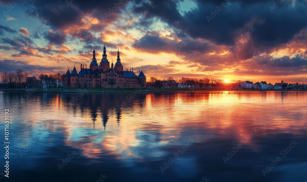 Frederiksborg Castle, in the town of Hillered on Lake Slotsse. Panorama. Denmark. XVI century. Copenhagen, Denmark, Europe Frederiksborg Castle, in the town of Hillered on Lake Slotsse. Panorama. Denmark. XVI century. Copenhagen, Denmark, Europe