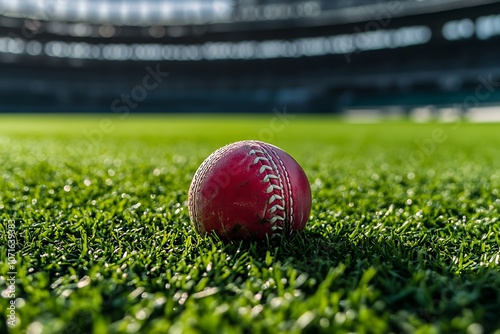 A generic seated cricket stadium with a red ball on a green grass pitch in the day time under a blue cloudy sky - 3D render
