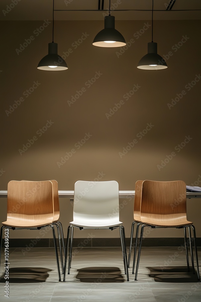 Fototapeta premium Warmly lit room with row of wooden chairs, one white chair stand