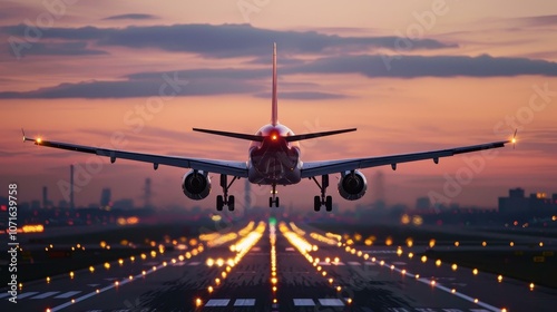 Airplane Landing at Sunset on Runway with City Skyline photo