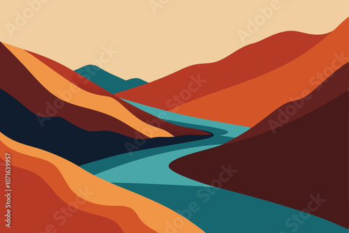 Mountain River. Abstract landscape, minimalism. Trending earth colors. Save and preserve the nature. Concept of travel