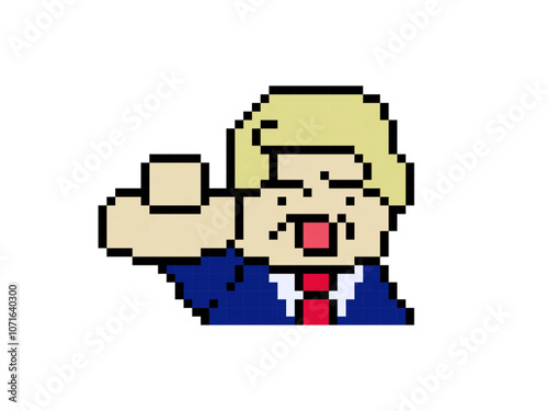 Pixel art of a blonde man in a suit pointing