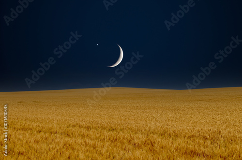 Wheat field and the moon and a star