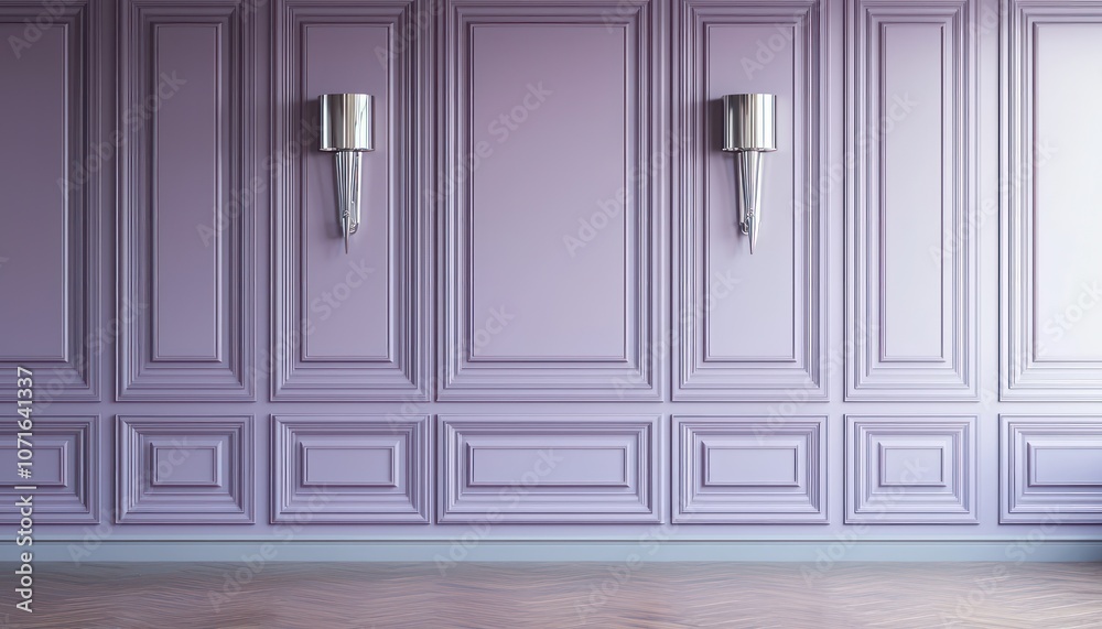 Obraz premium Pale violet wall, chrome sconces, and wooden panels, refined decor.