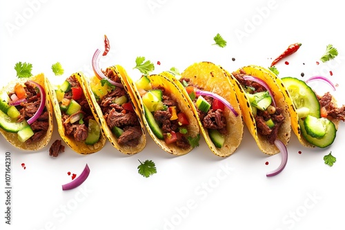 Four tacos row their toppings scattered around them Flying On White photo