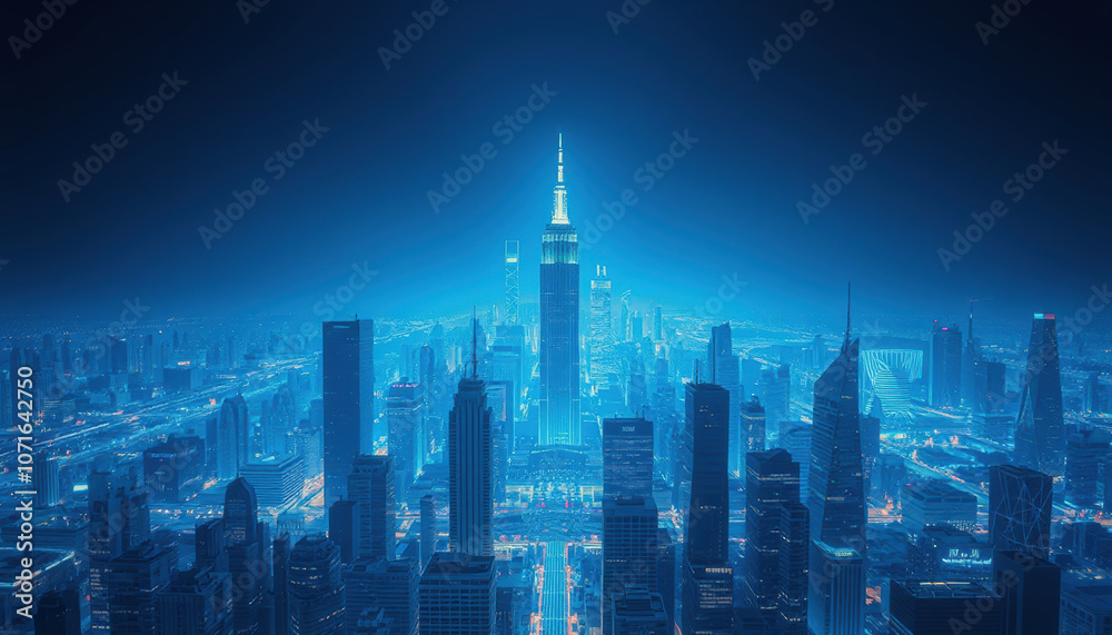 stunning futuristic cityscape at night, illuminated in blue tones, showcasing towering skyscrapers and vibrant urban atmosphere stunning futuristic cityscape at night, illuminated in blue tones, showcasing towering skyscrapers and vibrant urban atmosphere