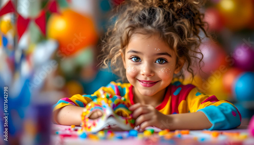 Smiling child at a festive table with colorful mask and decorations