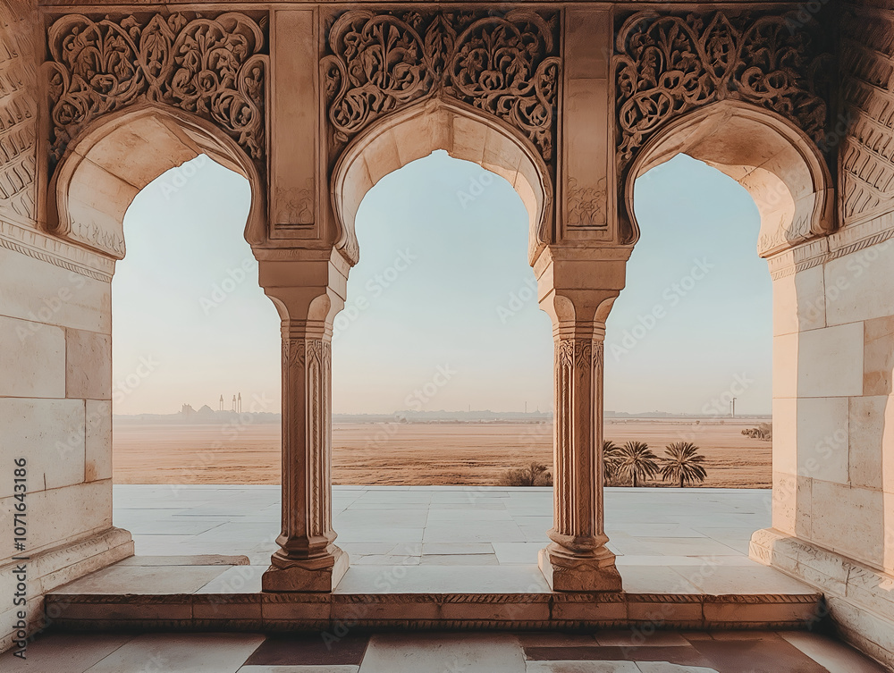Fototapeta premium The traditional Indian arches, bathed in warm sunlight, framing a vast landscape.