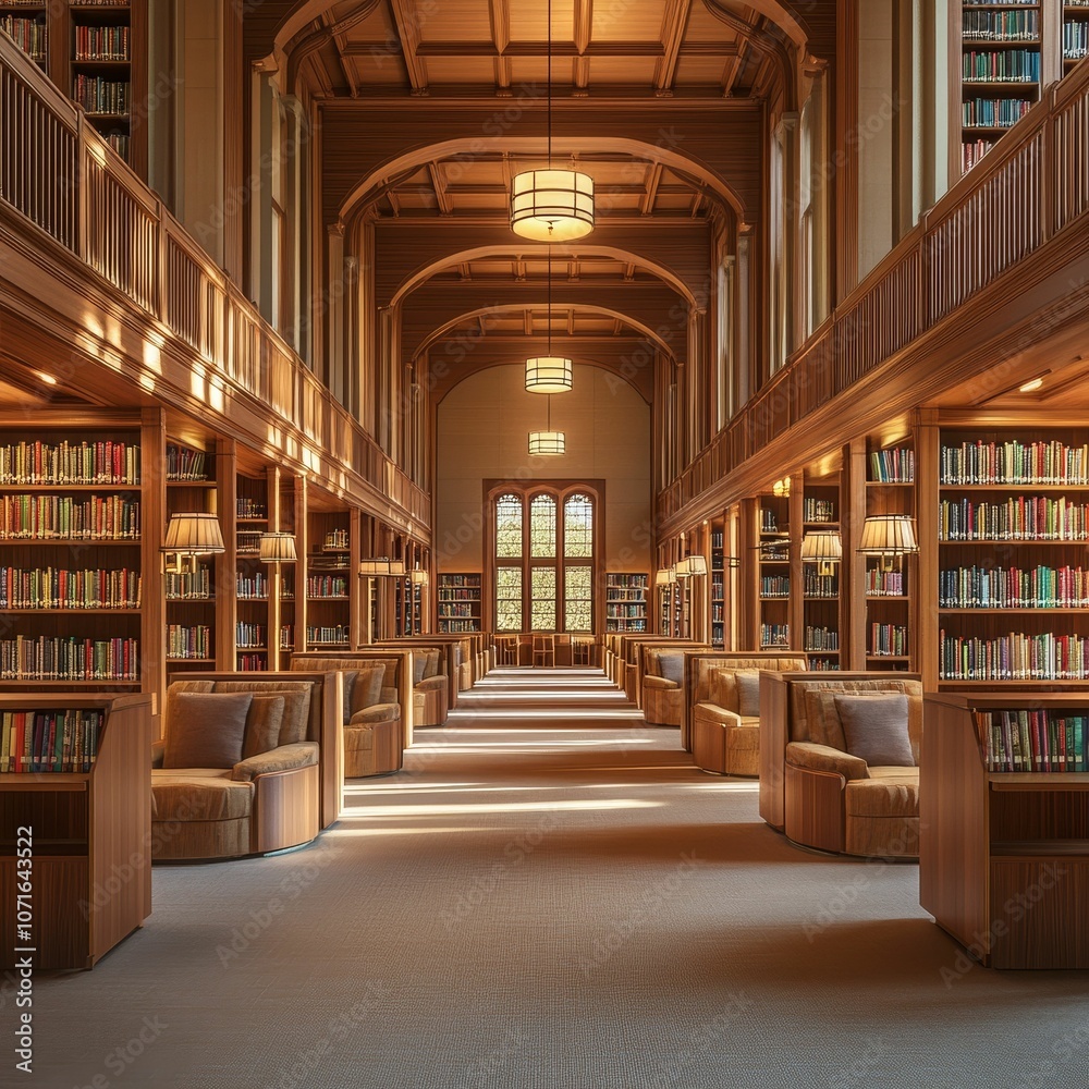 A long, wooden library with bookcases and chairs. A long, wooden library with bookcases and chairs.