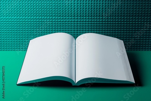 Open book blank white page turquoise background appears Magazine Or Brochure photo