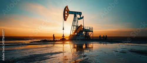 Oil pump jack middle vast open field sunset The Symbolism of Fossil photo