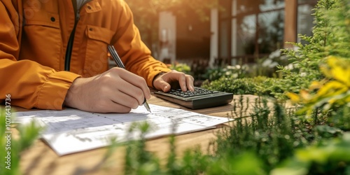 Person  hands holding pen writing calculator Civil engineer calculating carbon photo