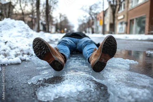 Person lying their back puddle water street is Man Slipped on Icy photo