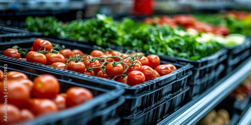 Row black plastic crates filled fresh tomatoes green Cold chain logistics Row black plastic crates filled fresh tomatoes green Cold chain logistics