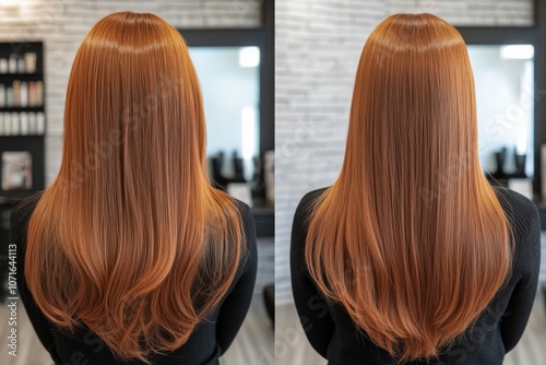 Side-by-side comparison woman  back has long Keratin Straightening Of Unruly photo