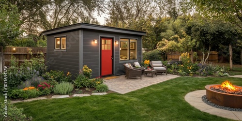 Small modern garden shed gray exterior red door ADU photo