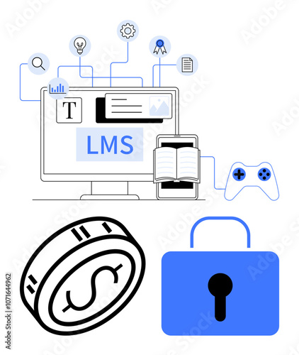 Computer displaying LMS interface, connected to various icons including lightbulb, gear, certificate, book, game controller, dollar coin, and padlock. Ideal for e-learning online courses digital