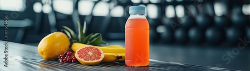 Refreshing fruit juice bottle alongside fresh fruits on a gym table, perfect for health and fitness themes. photo