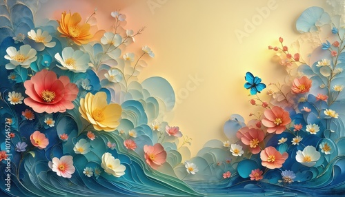Colorful floral garden with butterfly in abstract artistic design.
