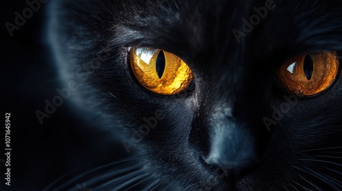 A striking close-up of a black cat's face, highlighting its intense